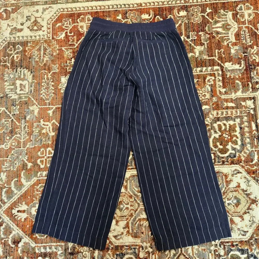 Athleta Stripe Bali Linen Crop Blue Linen Blend Pants Drawstring Size 2
